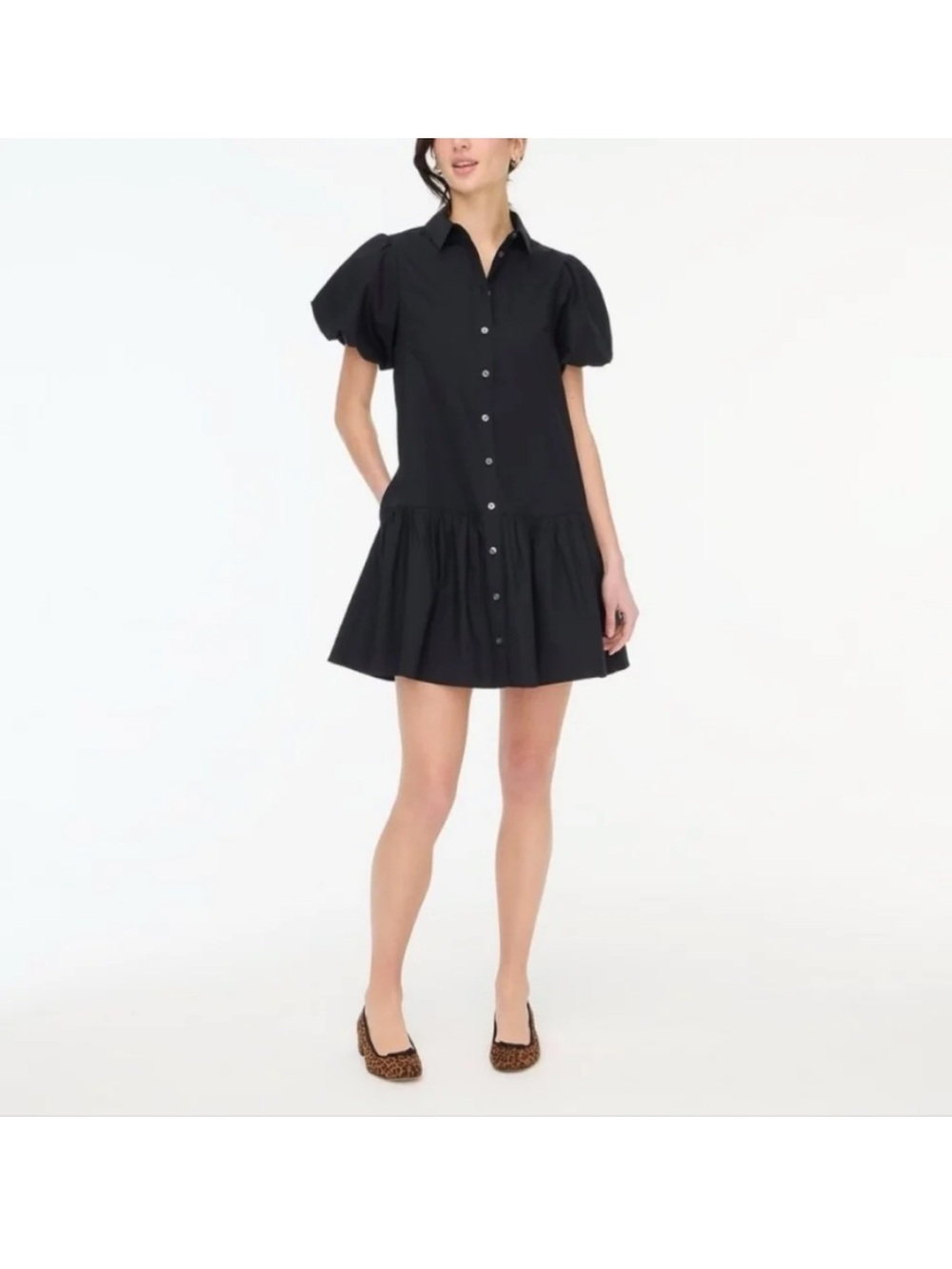 J. Crew Black Puff-Sleeve Button-Front Mini Dress